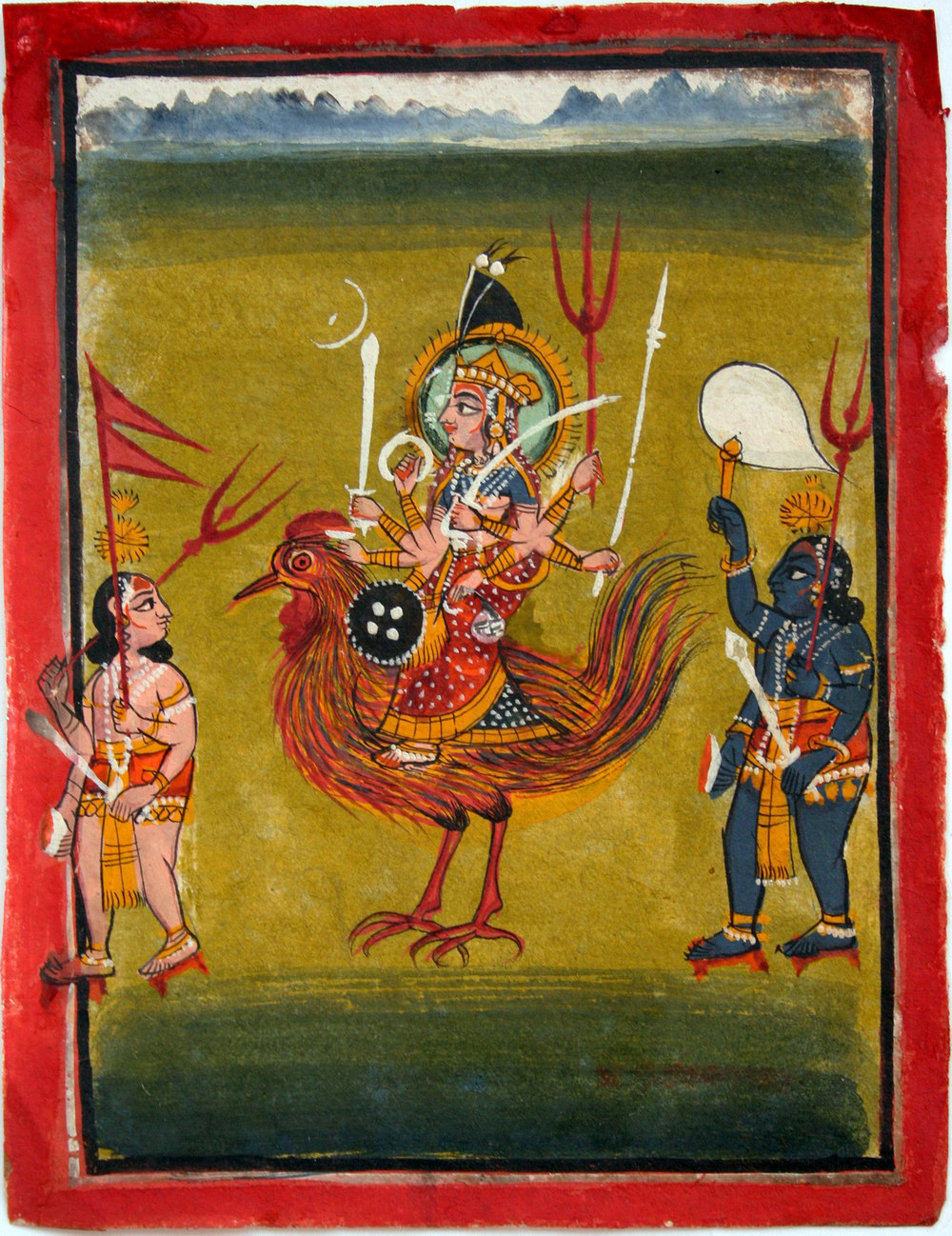 Bahuchara Mata Riding a Cockerel Vahana (mount), attended by Gorabhairava and Kalabhairava, Mewar, about 1820-40, gouache on paper