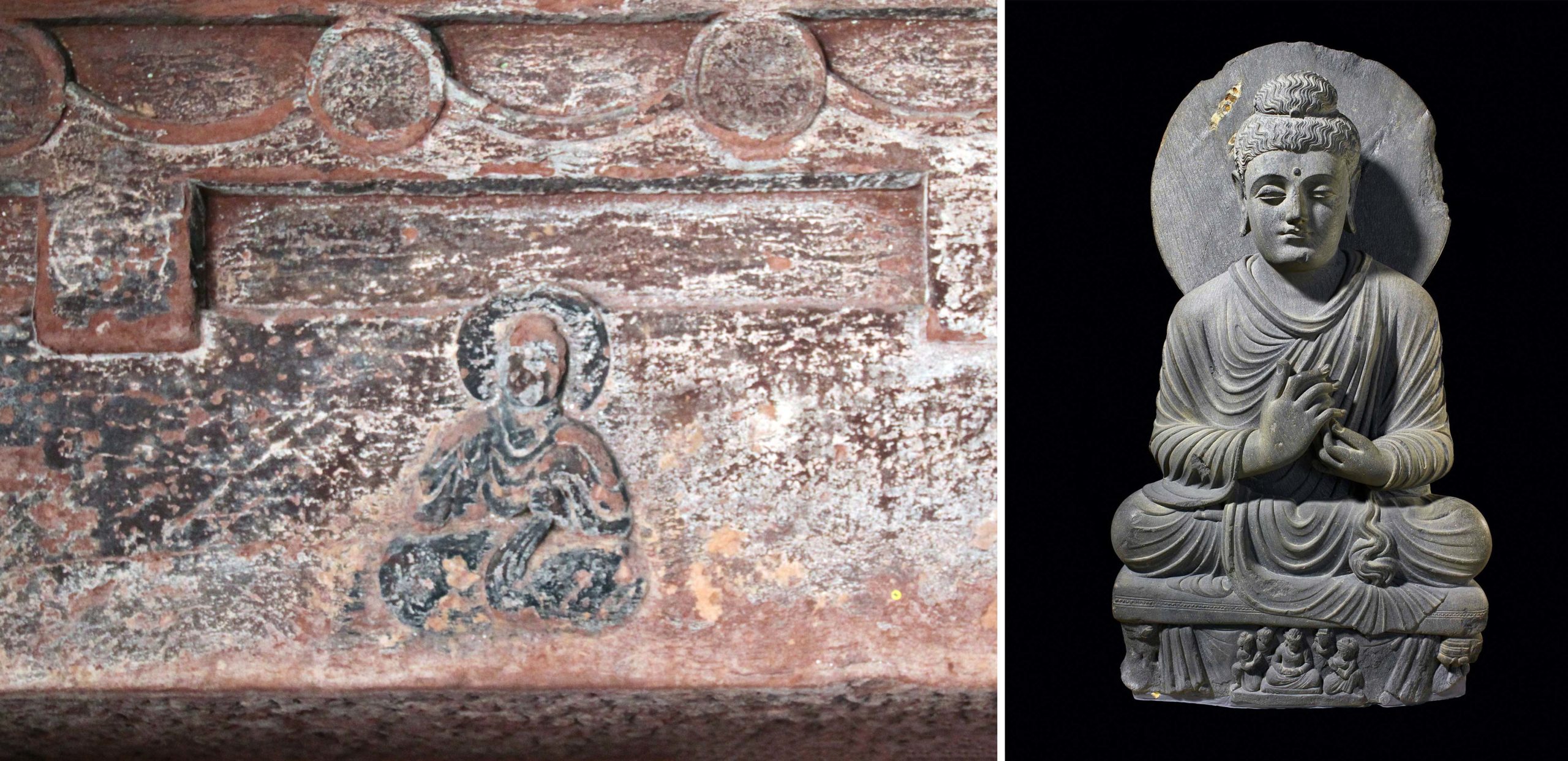 Left: Seated Buddha, Mahao Cliff Tomb, Sichuan Province, Eastern Han Dynasty, late 2nd century C.E., Gary Todd; right: Seated Buddha from Gandhara, c. 2nd–3rd century C.E., Gandhara, schist (British Museum