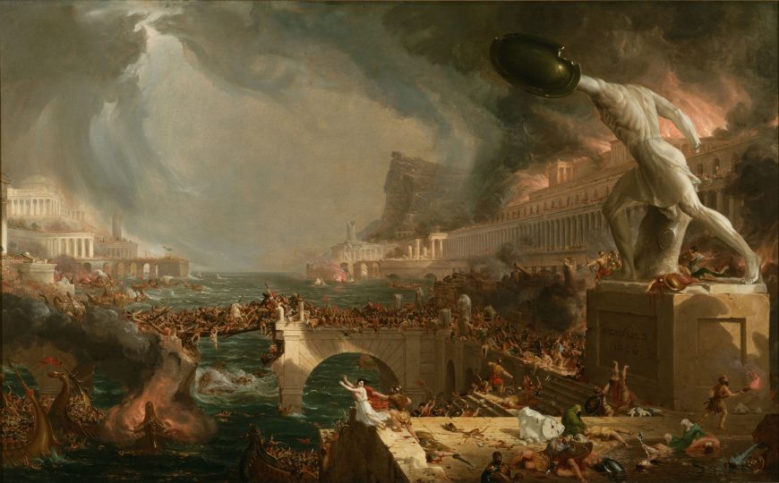 Thomas Cole, The Course of Empire: Destruction, 1833–36, oil on canvas, 39 ½ × 63 ½" (The New-York Historical Society, photo: Brandmeister, public domain)