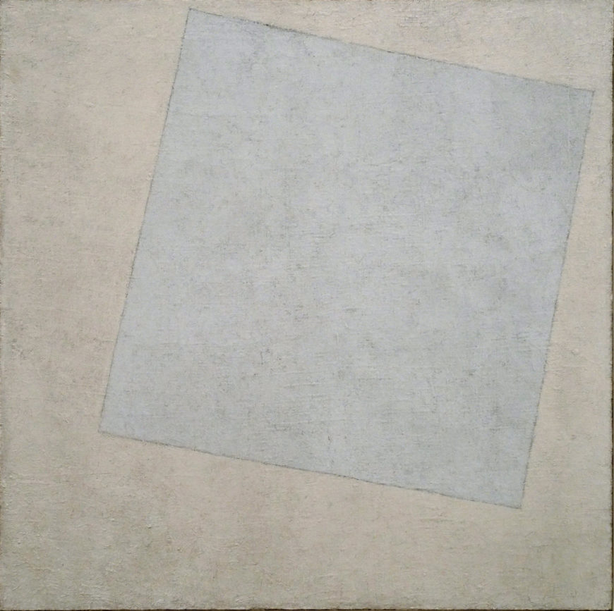 Kazimir Malevich, Suprematist Composition: White on White, 1918, oil on canvas, 31 1/4 x 31 1/4 inches / 79.4 x 79.4 cm (The Museum of Modern Art). Malevich "viewed the Russian Revolution as having paved the way for a new society in which materialism would eventually lead to spiritual freedom." (MoMA, photo: Steven Zucker, CC BY-NC-SA 2.0)