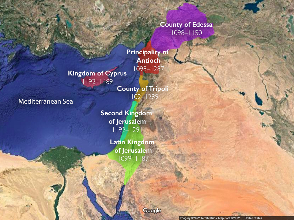 Map fo Crusader States (underlying map © Google)