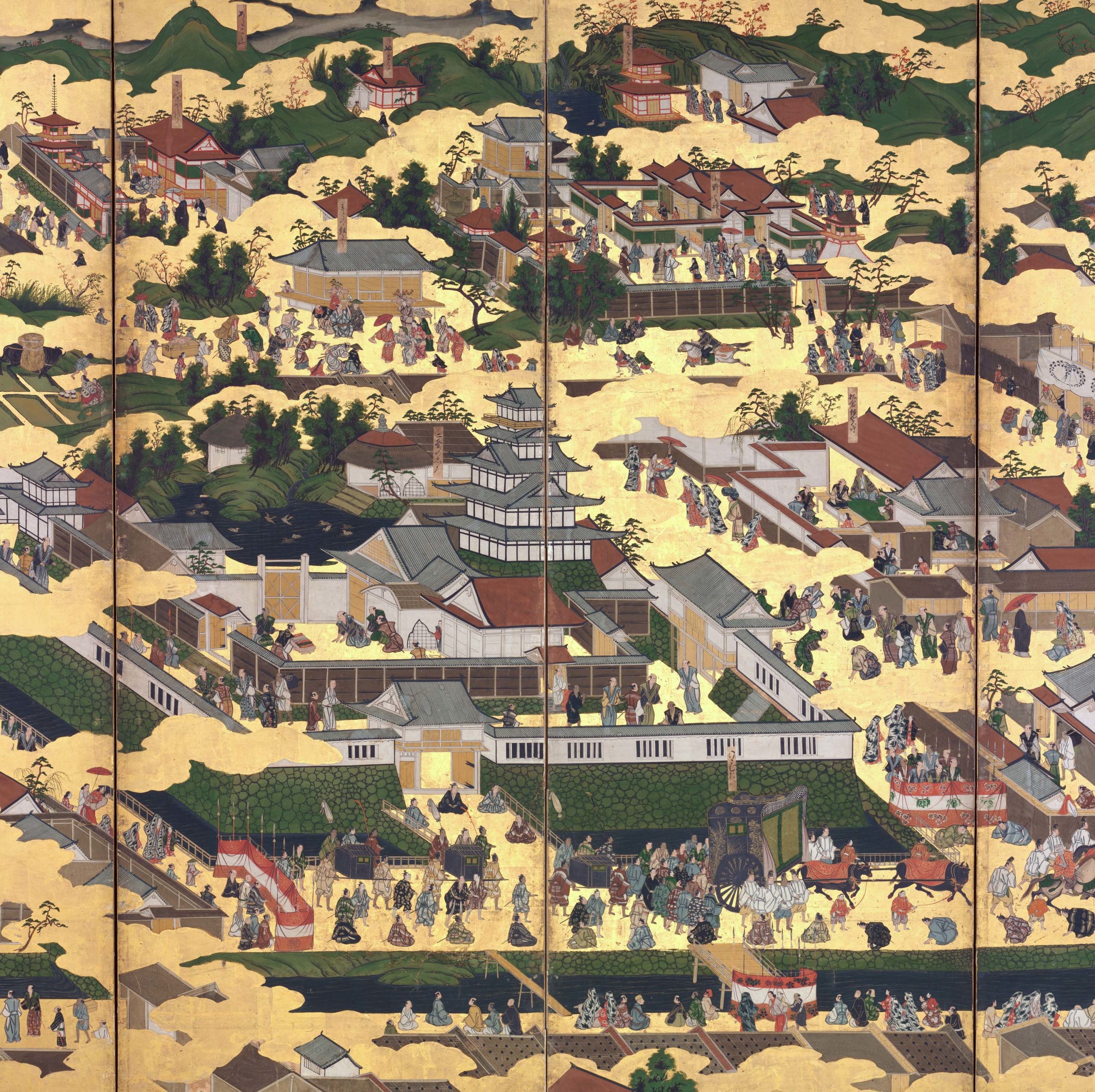 Scenes in and around the Capital, 17th century (Edo period), one of a pair of six-panel folding screens; ink, color, gold, and gold leaf on paper, each: 156.1 × 352.2 cm (The Metropolitan Museum of Art)