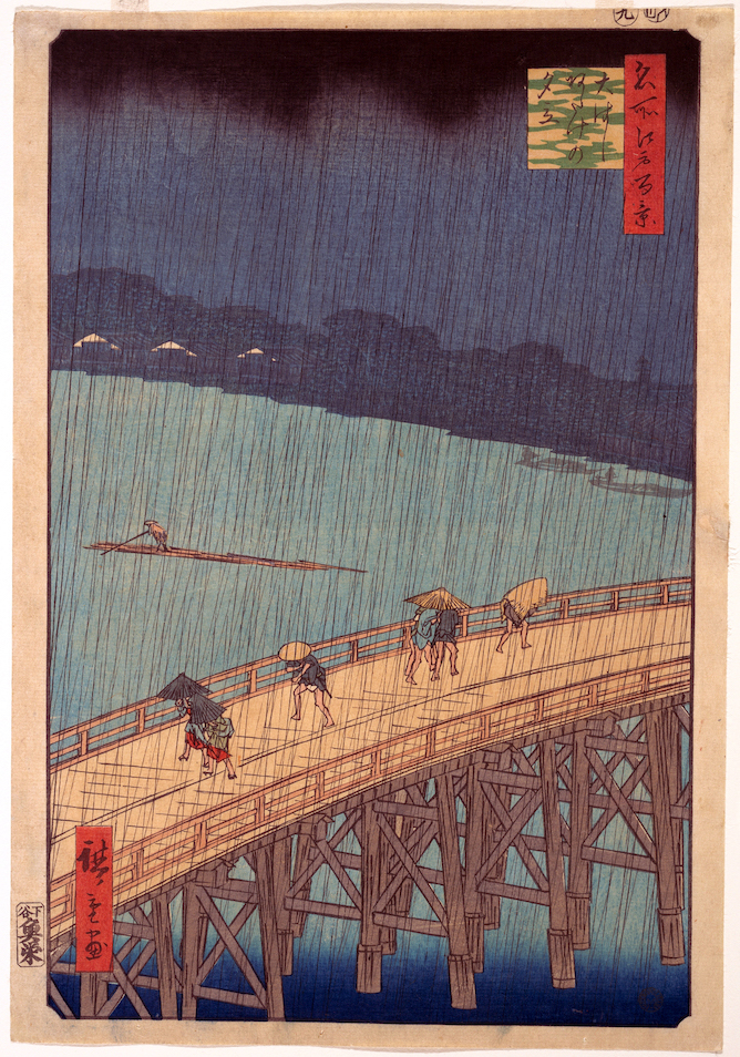 Utagawa Hiroshige, Sudden Shower over Shin-Ōhashi Bridge and Atake, from the series One Hundred Famous Views of Edo (Meisho Edo hyakkei), 1857, Edo period, woodblock print; ink and color on paper, 34 x 24.1 cm, Japan (The Metropolitan Museum of Art)