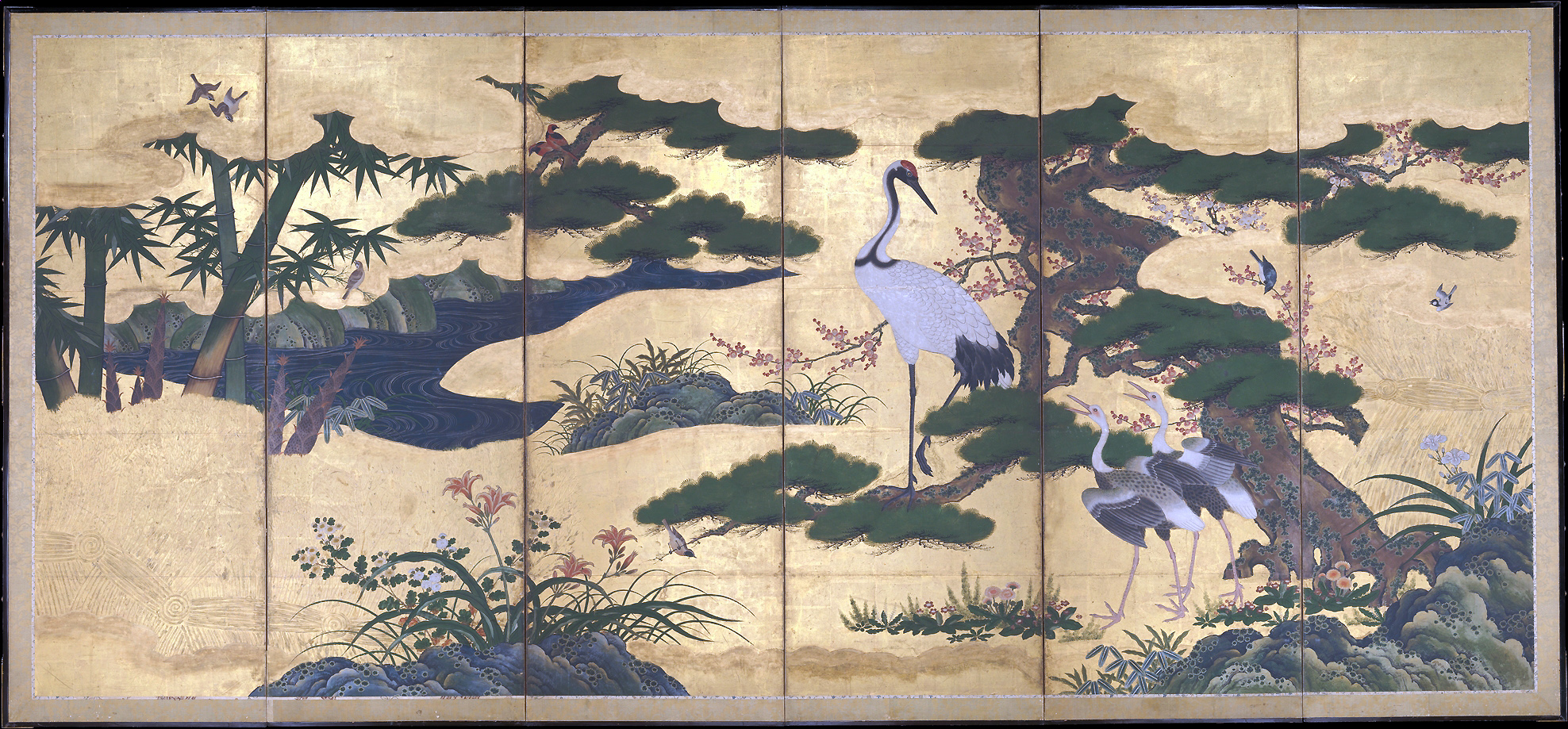 Birds and Flowers of the Four Seasons, late 16th century, pair of six-panel folding screens; ink, color, gold, and gold leaf on paper, 160.7 × 360.7 cm (The Metropolitan Museum of Art)