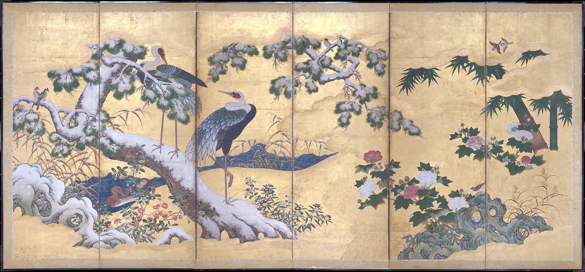 In the style of Kano Motonobu, this painting applies the fusion of Japanese and Chinese thematic and stylistic elements to the pictorial tradition of the four seasons. Birds and Flowers of the Four Seasons, late 16th century, one half of a pair of six-panel folding screens, ink, color, gold, and gold leaf on paper, 160.7 × 360.7 cm (The Metropolitan Museum of Art)