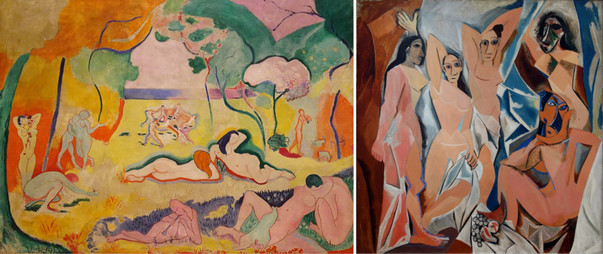 Left: Henri Matisse, Bonheur de Vivre, 1906, oil on canvas, 175 x 241 cm (The Barnes Foundation, Philadelphia, photo: Regan Vercruysse, CC BY-NC-ND 2.0); right: Pablo Picasso, Les Demoiselles d'Avignon, 1907, oil on canvas, 8' x 7' 8" (Museum of Modern Art, New York, photo: Steven Zucker, CC BY-NC-SA 2.0)