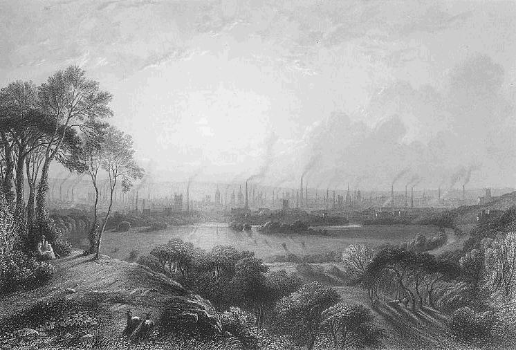 Manchester, England, pictured in 1840 showing the mass of factory chimneys, engraving by Edward Goodall, original title Manchester, from Kersal Moor after a painting of W. Wylde (photo: Badseed, public domain)