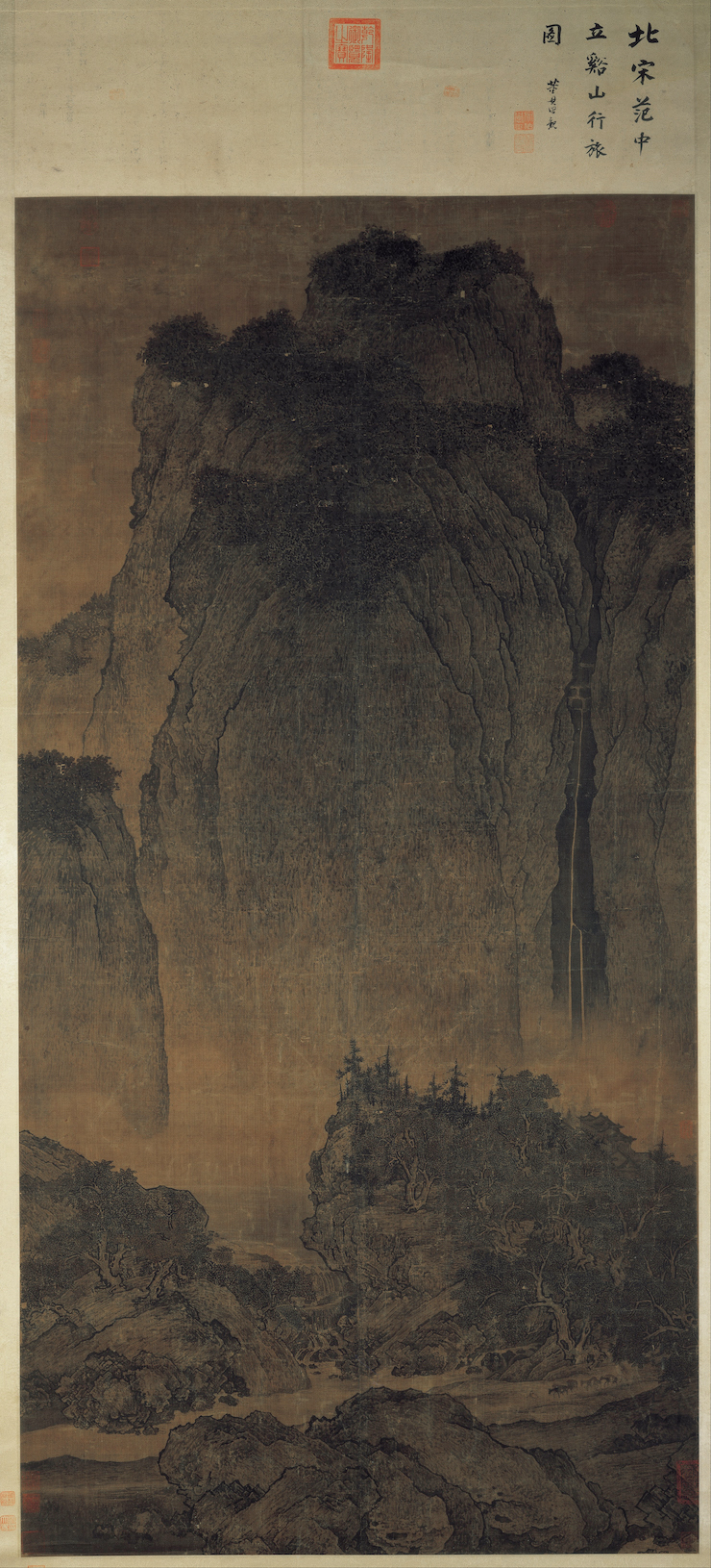Fan Kuan, Travelers by Streams and Mountains, ink on silk hanging scroll, c. 1000, 206.3 x 103.3 cm. (National Palace Museum, Taipei)