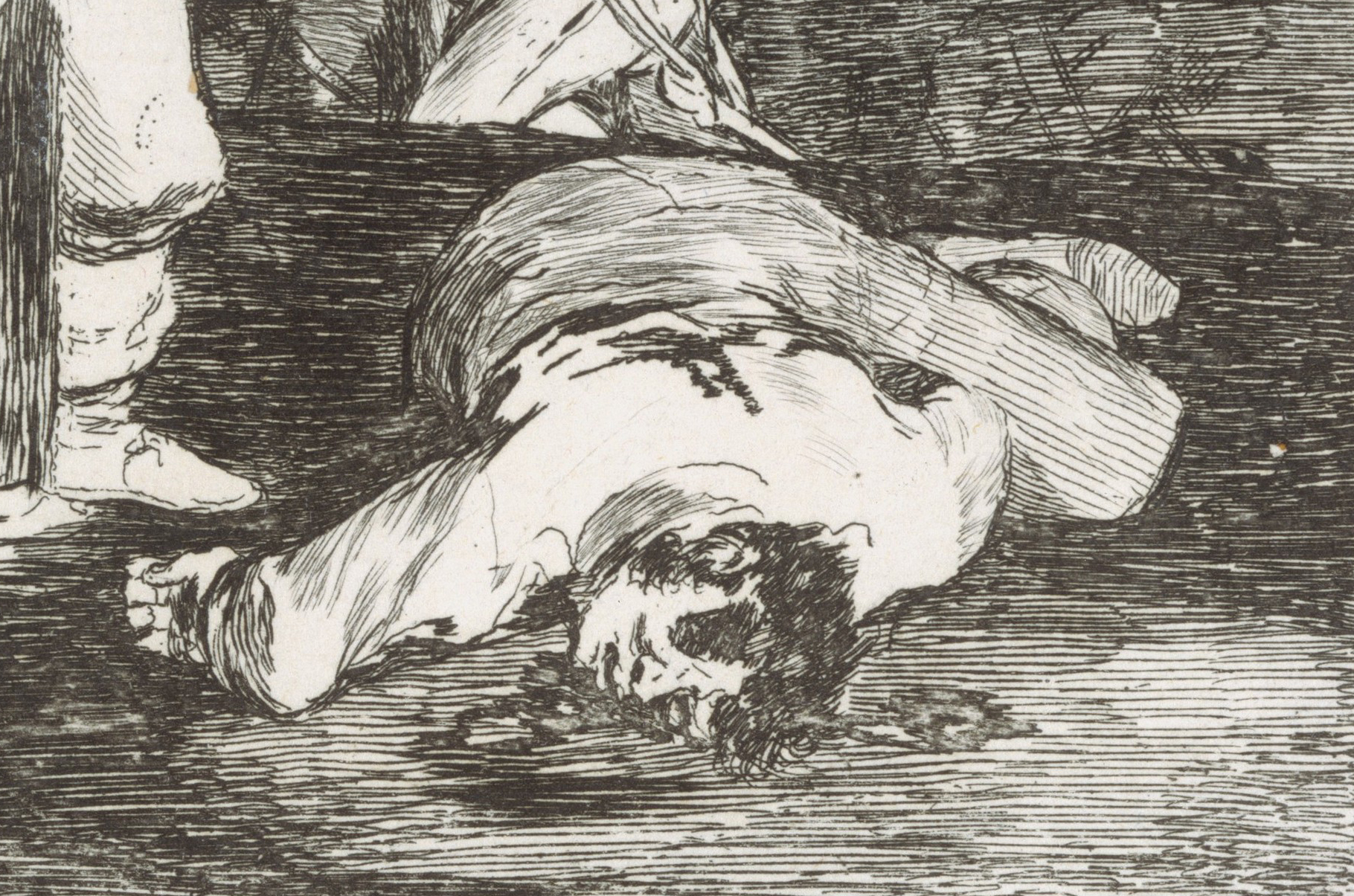 Dead figure (detail), Francisco Goya, And there's nothing to be done (Y no hai remedio), plate 15 from The Disasters of War (Los Desastres de la Guerra), 1810, etching, drypoint, burin and burnisher, 14 x 16.7 cm (The Metropolitan Museum of Art)