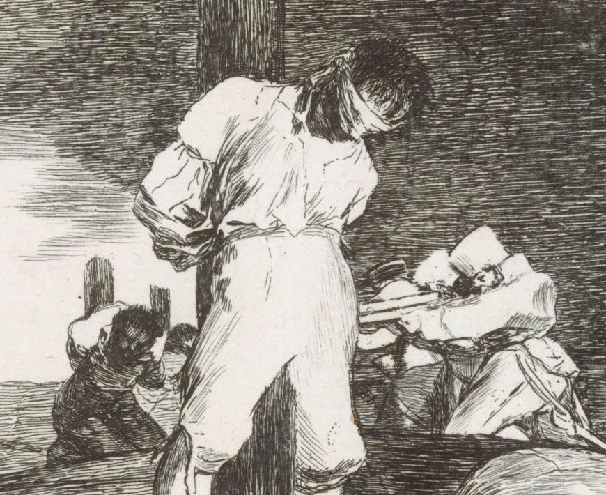 Bound figure and soldiers (detail), Francisco Goya, And there's nothing to be done (Y no hai remedio), plate 15 from The Disasters of War (Los Desastres de la Guerra), 1810, etching, drypoint, burin and burnisher, 14 x 16.7 cm (The Metropolitan Museum of Art)