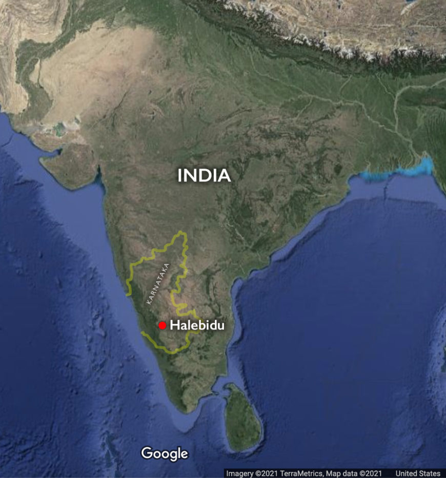 Map of Halebidu in Karnataka state, India (underlying map © Google)