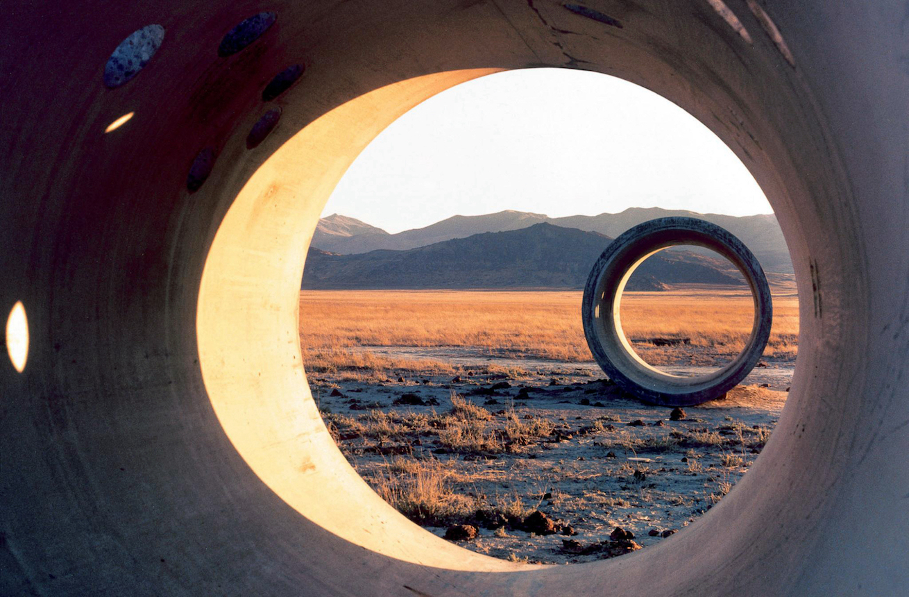 Nancy Holt, Sun Tunnels 1973–76, concrete, steel, earth, Great Basin Desert, Utah, overall dimensions: 9 ft. 2-1/2 in. x 86 ft. x 53 ft. (2.8 x 26.2 x 16.2 m); length on the diagonal: 86 ft. (26.2 m) (Collection Dia Art Foundation with support from Holt/Smithson Foundation)
