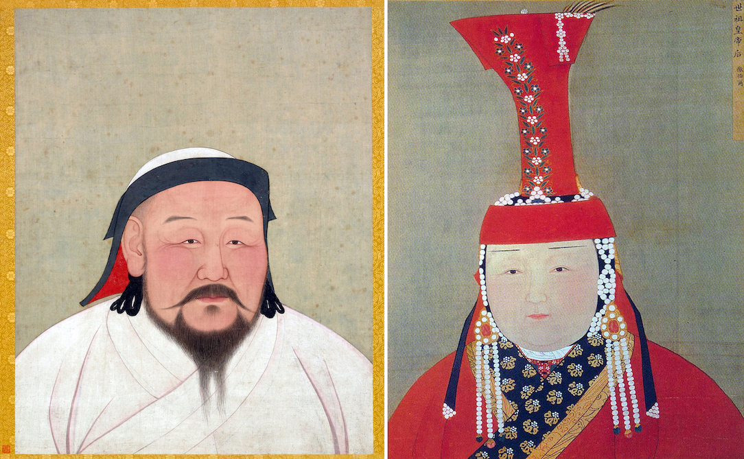 Left: Araniko, Post-mortem portrait of Kublai Khan, c. 1294, color and ink on silk, 59.4 x 47 cm (National Palace Museum, Taipei); right: Portrait of Chabi, wife of Kublai Khan, album leaf, colors and ink on silk, Yuan dynasty, 1294, National Palace Museum in Taibei. Attributed to Nepali artist Anige (1245-1306). 48 x 61.5 cm