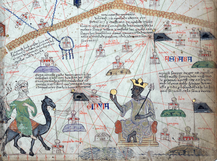 Detail of Mansa Musa and the Empire of Mali in the Catalan Atlas of Abraham Cresques, 1375, made in Majorca, Spain (Paris, Bibliothèque nationale de France, Ms. Espagnol 30)