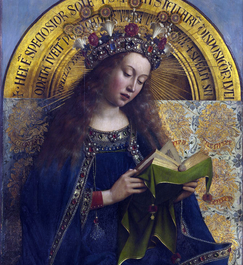 Jan van Eyck, detail of Mary, Ghent Altarpiece (open), completed 1432, oil on wood, 11 feet 5 inches x 7 feet 6 inches (closed) (Saint Bavo Cathedral, Ghent, Belgium) (photo: Closer to Van Eyck)