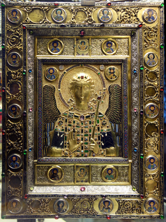 Panel with half-figure of St. Michael, late 10th- first half of 11th century, Constantinople, silver-gilt, gold cloisonné enamel, stones, pearls, glass, Treasury of San Marco, Venice