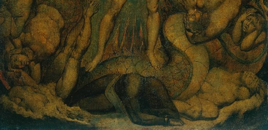Black figure at Nelson's feet (detail), William Blake, The spiritual form of Nelson guiding Leviathan, in whose wreathings are infolded the Nations of the Earth, c. 1805–9, tempera on canvas 30" x 24" / 76.2 x 62.5cm (Tate Britain, London)