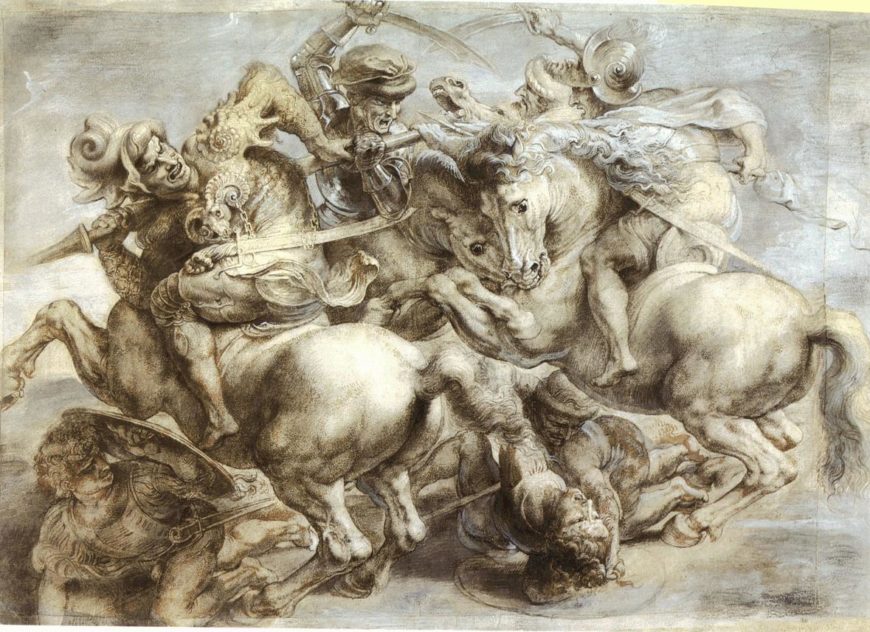 Peter Paul Rubens, Copy after Leonardo's 'Battle of Anghiari,' c. 1604, Black chalk, pen and ink, highlights in grey and white, 45.2 x 63.7cm (Louvre, Paris, photo: OldakQuill, public domain)