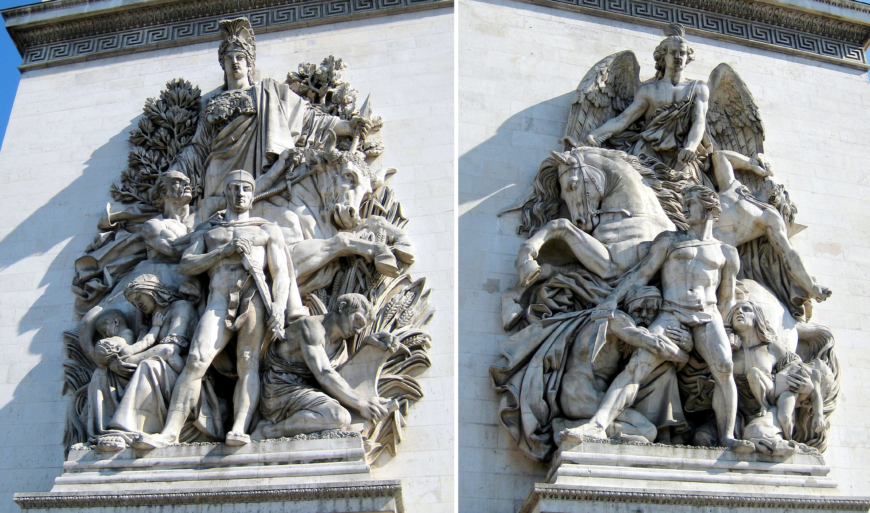 Left: Antoine Étex, Peace, 1833–36, Limestone, Arc de Triomphe de l'Étoile, Paris; Right: Antoine Étex, The Resistance, 1833–36, Limestone, Arc de Triomphe de l'Étoile, Paris (photos: Wally Gobetz, CC BY-NC-ND 2.0)