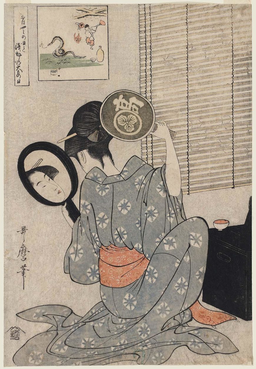 Kitagawa Utamaro, Takashima Ohisa Using Two Mirrors to Observe Her Coiffure, c. 1795, woodblock print, ink and color on paper, 36.3 x 25 cm (Museum of Fine Arts, Boston)