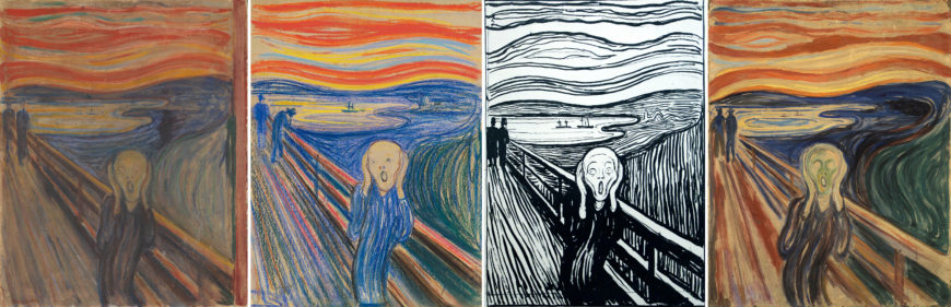 Four versions of The Scream from left to right: Edvard Munch, The Scream, 1893, oil, tempera, and pastel on cardboard, 73.5 x 91 cm (The National Museum of Art, Architecture and Design, Oslo); Edvard Munch, The Scream, 1895, pastel on board, 59 x 79 cm (private collection); Edvard Munch, The Scream, 1895 (signed 1896), lithograph (MoMA, photo: Steven Zucker, CC BY-NC-SA 2.0); Edvard Munch, The Scream, 1910, tempera on board, 66 x 83 cm (The Munch Museum, Oslo)