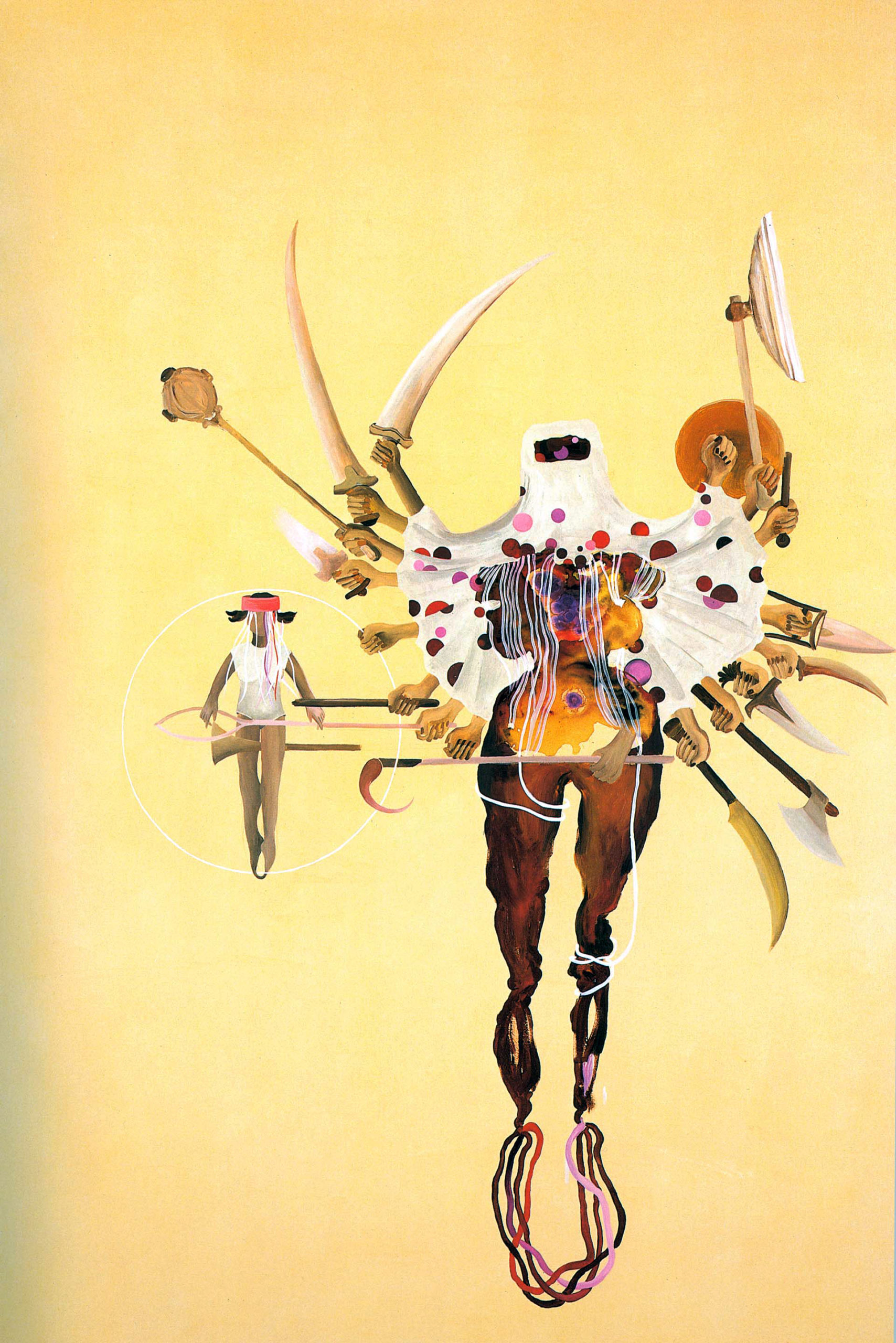 Shahzia Sikander, Fleshy Weapons, 1997, acrylic, dry pigment, watercolor and tea wash on linen, 243.8 x 167.6 cm