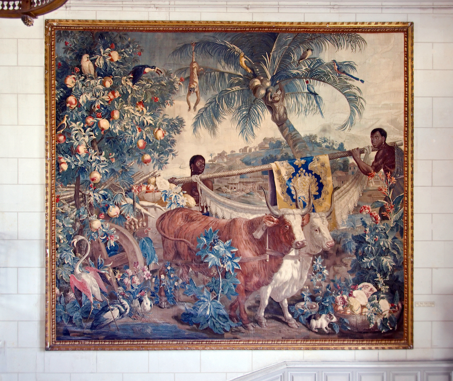 Desportes Alexandre François (designer), Gobelin Workshop (weavers), after cartoons by Albert Eckhout and Frans Post, “The two bulls,” c. 1734, tapestry, Château de Valençay