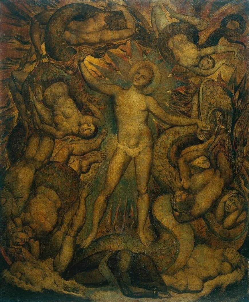 William Blake, The spiritual form of Nelson guiding Leviathan, in whose wreathings are infolded the Nations of the Earth, c. 1805–9, tempera on canvas 30" x 24" / 76.2 x 62.5 cm (Tate Britain, London)