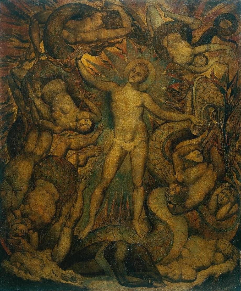 William Blake, The spiritual form of Nelson guiding Leviathan, in whose wreathings are infolded the Nations of the Earth, c. 1805–9, tempera on canvas 30" x 24" / 76.2 x 62.5 cm (Tate Britain, London, photo: ALH, public domain)