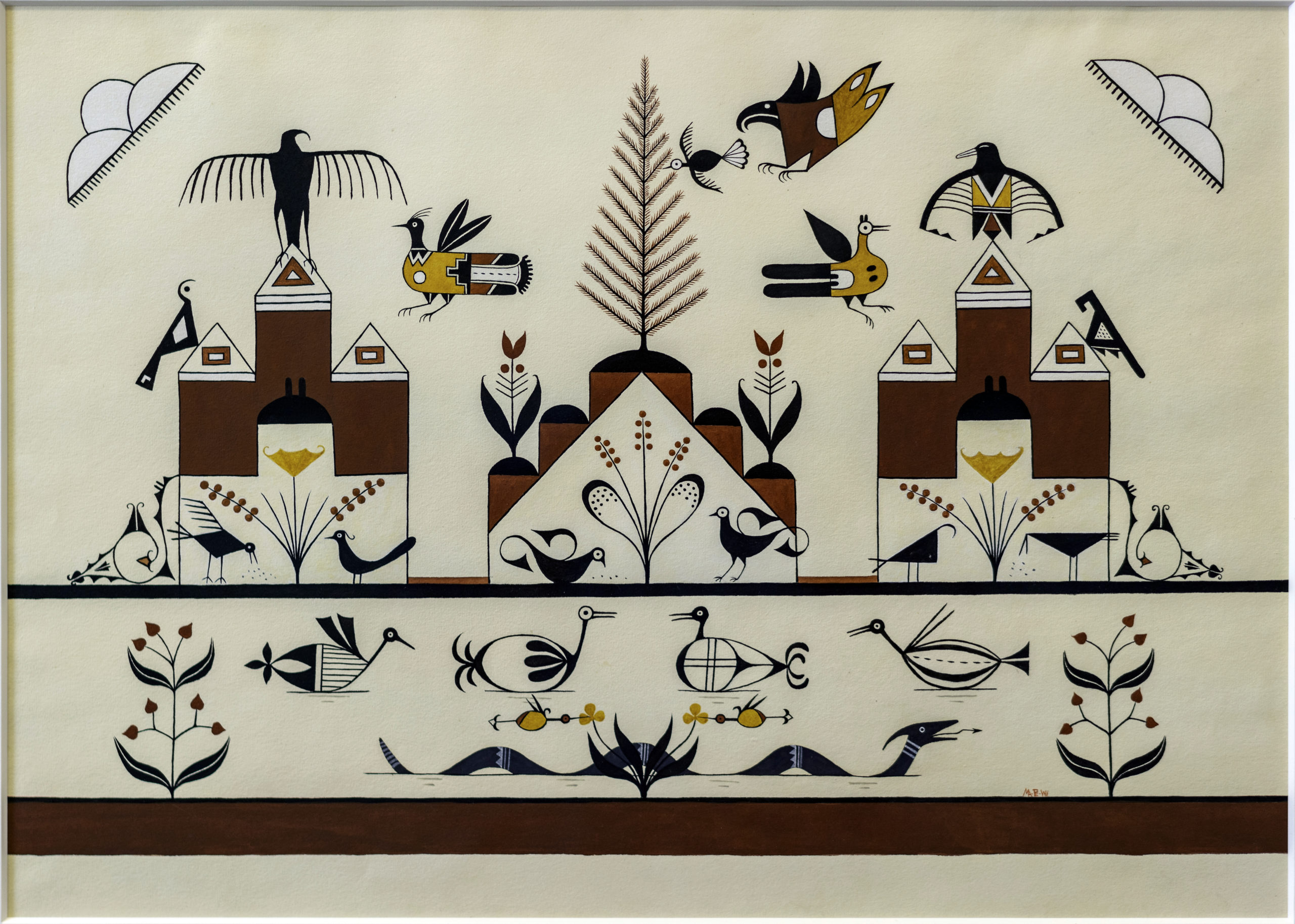 Velino Shije Herrera (Ma Pe Wi), Design, Tree and Birds, c. 1930, watercolor on paper, 25.25 x 17.75 inches (Newark Museum of Art, Gift of Amelia Elizabeth White, 1937, 37.216)