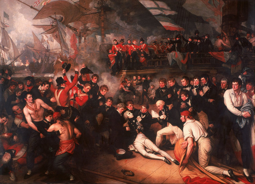 Benjamin West, The Death of Nelson, 1806, oil on canvas, 71.9" × 97.4" (182.5 × 247.5 cm (Walker Art Gallery, Liverpool)