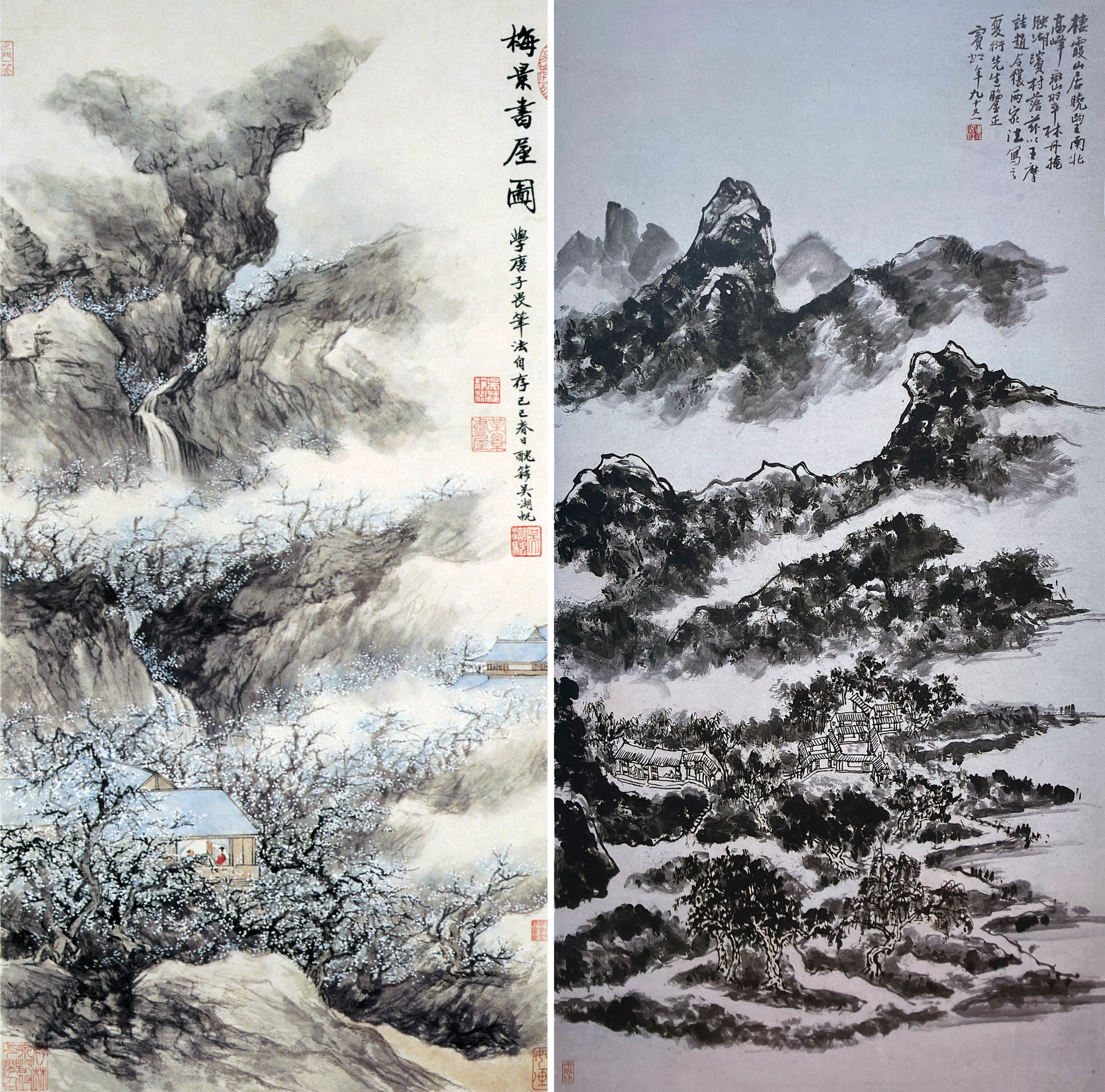 Left: Wu Hufan, Meiying Studio, 1929, ink on paper (hanging scroll) (Shanghai Museum, China); right: Huang Binhong, Dwelling in the Xixia Mountains, 1954, ink on paper (hanging scroll), China, 120.7 × 60.3 cm (The Metropolitan Museum of Art)