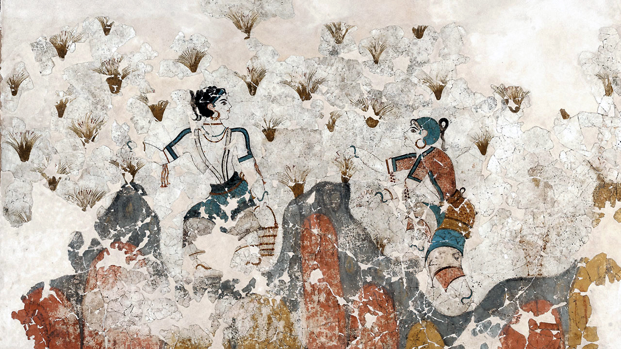 Fresco of Corcus gatherers, from the House of Xeste 3, 1st floor, eastern wall, Akrotiri, Thera, c. 1600 B.C.E.