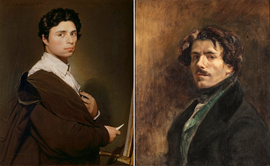 Left: Jean-Auguste-Dominique Ingres, Self Portrait at the age of 24, 1804 (Musée Condé); right: Eugène Delacroix, Self-Portrait, c. 1837 (Musée du Louvre)