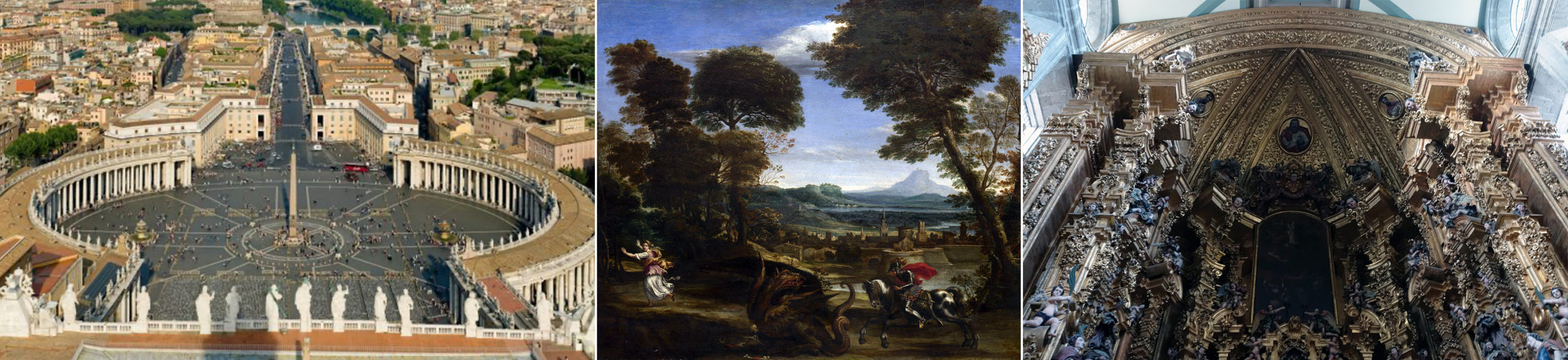 Left: Gian Lorenzo Bernini, Saint Peter's Square (photo: Diliff, CC BY-SA 3.); center: Domenichino, Saint George Killing the Dragon, c. 1610, oil on wood, 52.7 x 61.8 cm (The National Gallery, London); right: Jerónimo de Balbás, Altar of the Kings (Altar de los Reyes), 1718-37, Metropolitan Cathedral of the Assumption of the Most Blessed Virgin Mary (Mexico City; photo: Steven Zucker, CC BY-NC-SA 2.0)
