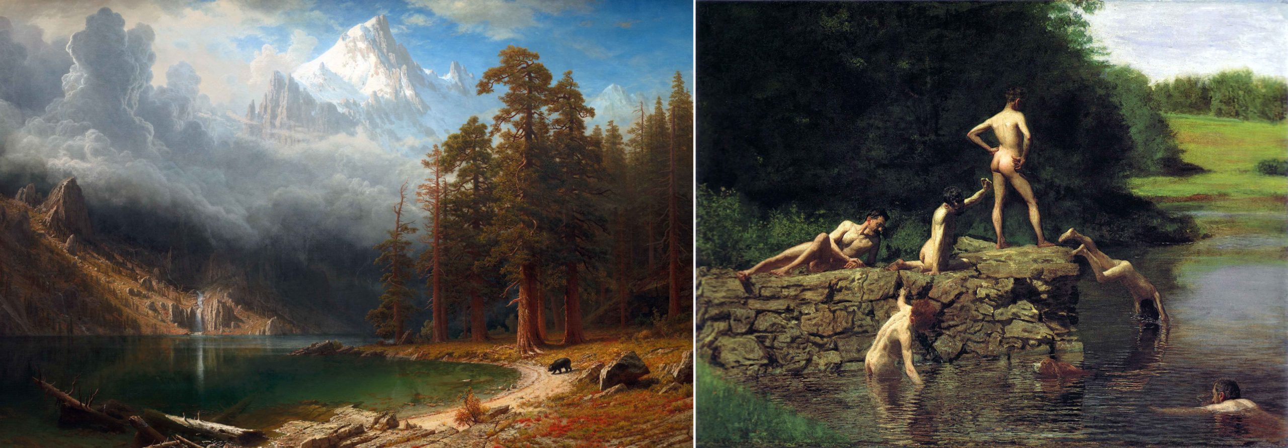 Left: Albert Bierstadt, Mount Corcoran, c. 1876–77, oil on canvas 154.1 x 243.5 cm (National Gallery of Art); right: Thomas Eakins, Swimming, 1885, oil on canvas, 27 3/8 x 36 3/8 in. (Amon Carter Museum)