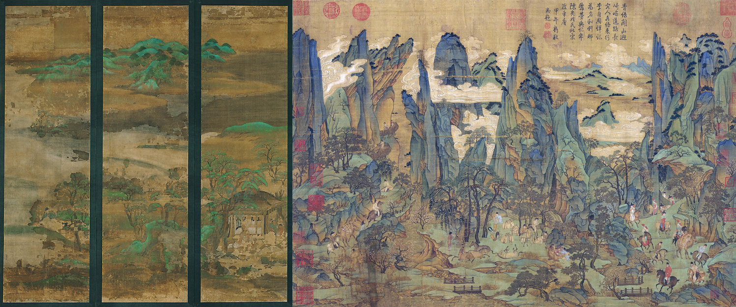 Left: An example of kara-e. Detail of Senzui Byōbu (Landscape Screen), 11th century, ink and color on silk (Kyoto National Museum); right: An example of blue-green landscape painting from China. Emperor Minghuang’s Journey to Shu, attributed to Li Zhaodao, Tang Dynasty (618–907), ink and color on silk, 55.9 x 81 cm (National Palace Museum, Taipei)