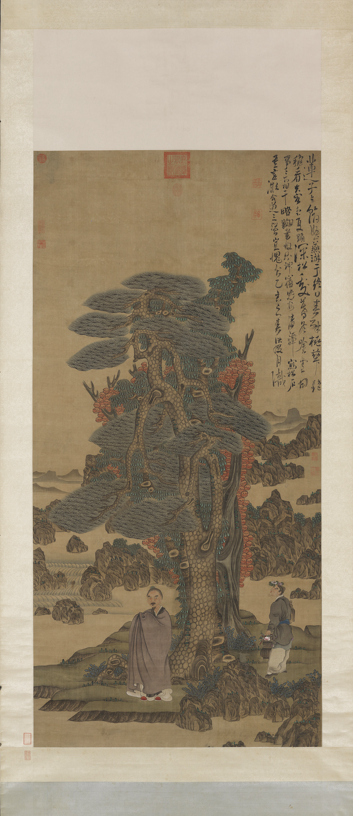 Chen Hongshou 陳洪綬 (1598–1652) and studio, An Immortal Under Pines, dated 1635. Hanging scroll, ink and color on silk, 202.1 x 97.8 cm (National Palace Museum, Taipei)