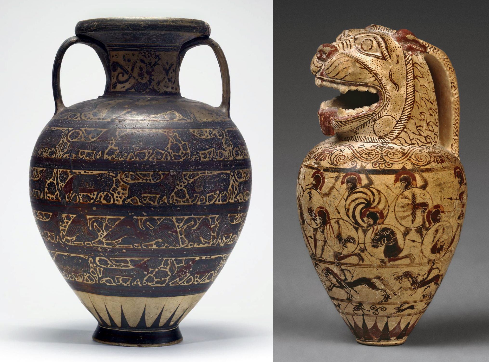 Left: Amphora with Animal Frieze, late 7th century BCE (Orientalizing), terracotta, wheel made; Corinthian ware, made in Corinth, Greece, 44.4 x 30 cm (The Walters Museum); right: aryballos, attributed to the Chigi Painter, c. 640 B.C.E, terracotta, made in Corinth, Greece, 3.9 diameter, 6.9 cm high (© Trustees of the British Museum)