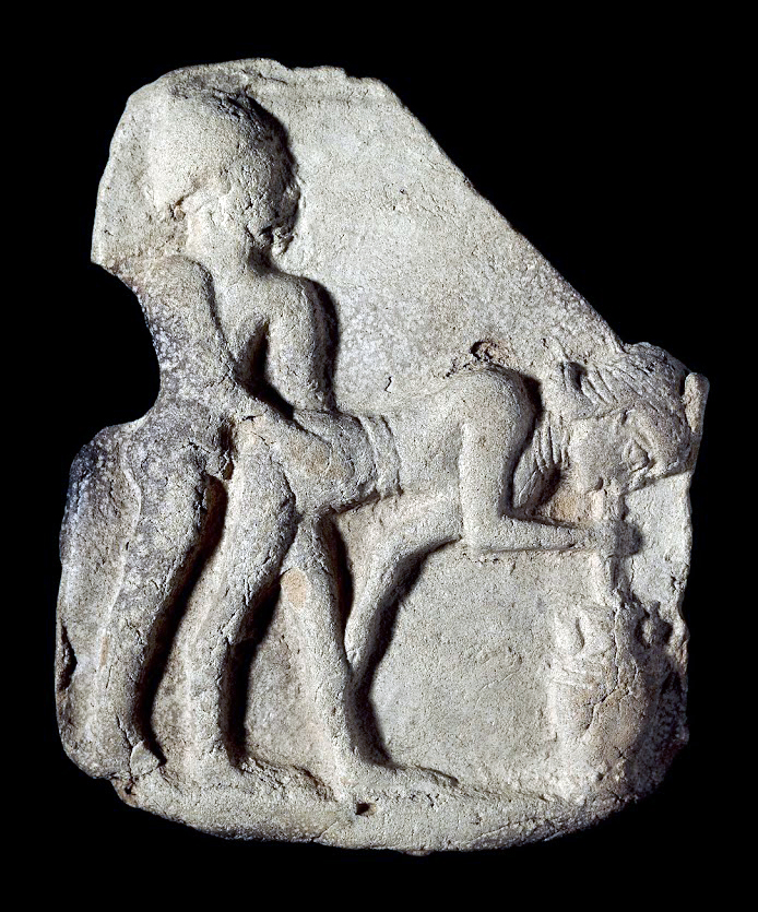 Fired clay plaque showing a woman drinking through a straw from a jar resting on the ground while being penetrated from the rear by a nude male. Old Babylonian, c. 1800 B.C.E., fired clay, from South Iraq, 8.9 x 7.2 cm (© Trustees of the British Museum)