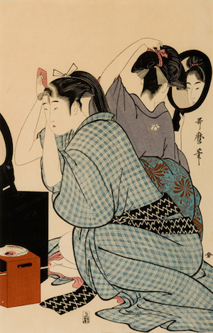 Kitagawa Utamaro, Two Young Women Kneeling Back to Back, Dressing Their Hair in Mirrors, woodblock print (Leiber Collection, East Hampton, New York)