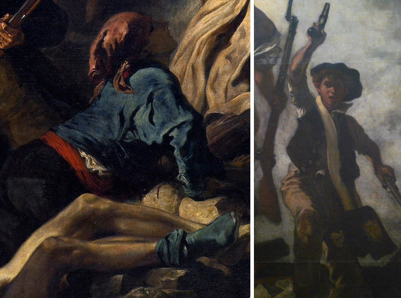 Left: fallen adolescent, and right, Boy wielding two pistols (detail), Eugène Delacroix, Liberty Leading the People, oil on canvas, September–December, 1830 (exhibited and purchased by the state from the Salon of 1831) 2.6 x 3.25m (Louvre, Paris)
