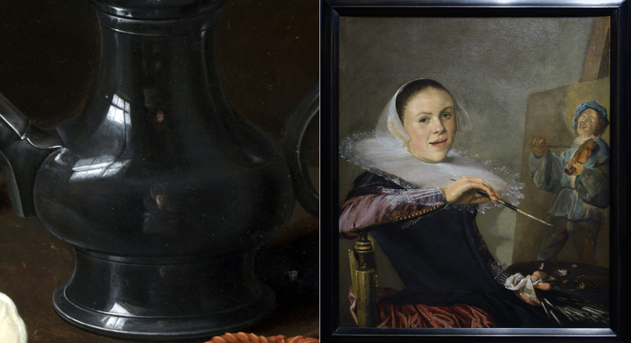 Left: Clara Peeters, Still Life with flowers, a silver-gilt goblet, almonds, dried fruit, sweetmeats, bread sticks, wine and a pewter pitcher, 1611, oil on panel, 52 x 73 cm (Museo del Prado, Madrid); right: Judith Leyster, Self-Portrait, c. 1633, oil on canvas, 74.6 x 65.1 cm (National Gallery of Art, Washington D.C.; photo: Steven Zucker, CC BY-NC-SA 2.0)