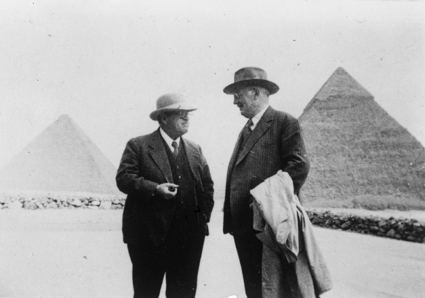 George Reisner and Enno Littmann at Harvard Camp, looking E toward Khufu and Khafre pyramids, 1935, photo by Albert Morton Lythgoe (Giza archives)