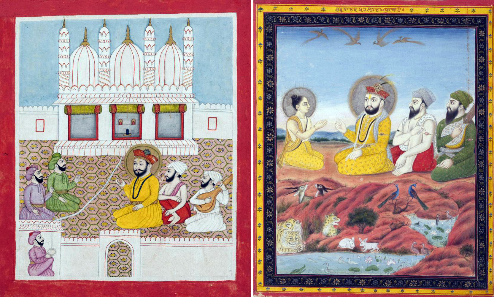 Two depictions of the founder of Sikhism. Guru Nanak converses with Muslim clerics (left) and Guru Nanak's meeting with Praladh (right), from a manuscript of the Janam Sakhi (Life Stories), 19th century (India or Pakistan, Punjab region), opaque watercolors and gold on paper, 20.3 x 17.1 cm (left) and 20.6 x 17.1 cm (right) (Asian Art Museum, San Francisco)