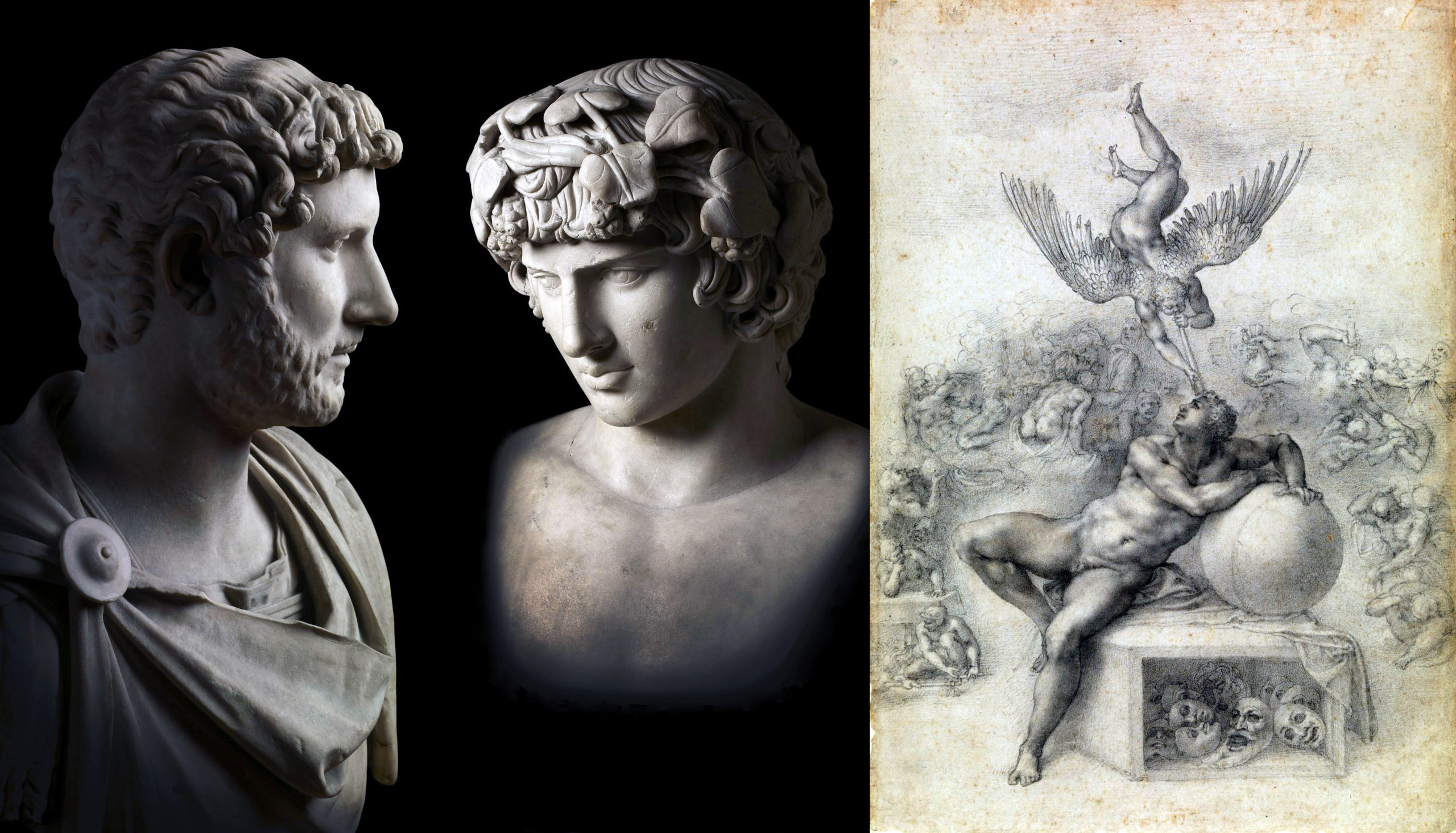 Left: Hadrian and Antinous, marble, 130–140 C.E., found Janiculine Hill (Rome) (© Trustees of The British Museum); right: Michelangelo, The Dream of Human Life, about 1533 (London, The Courtauld Institute of Art)