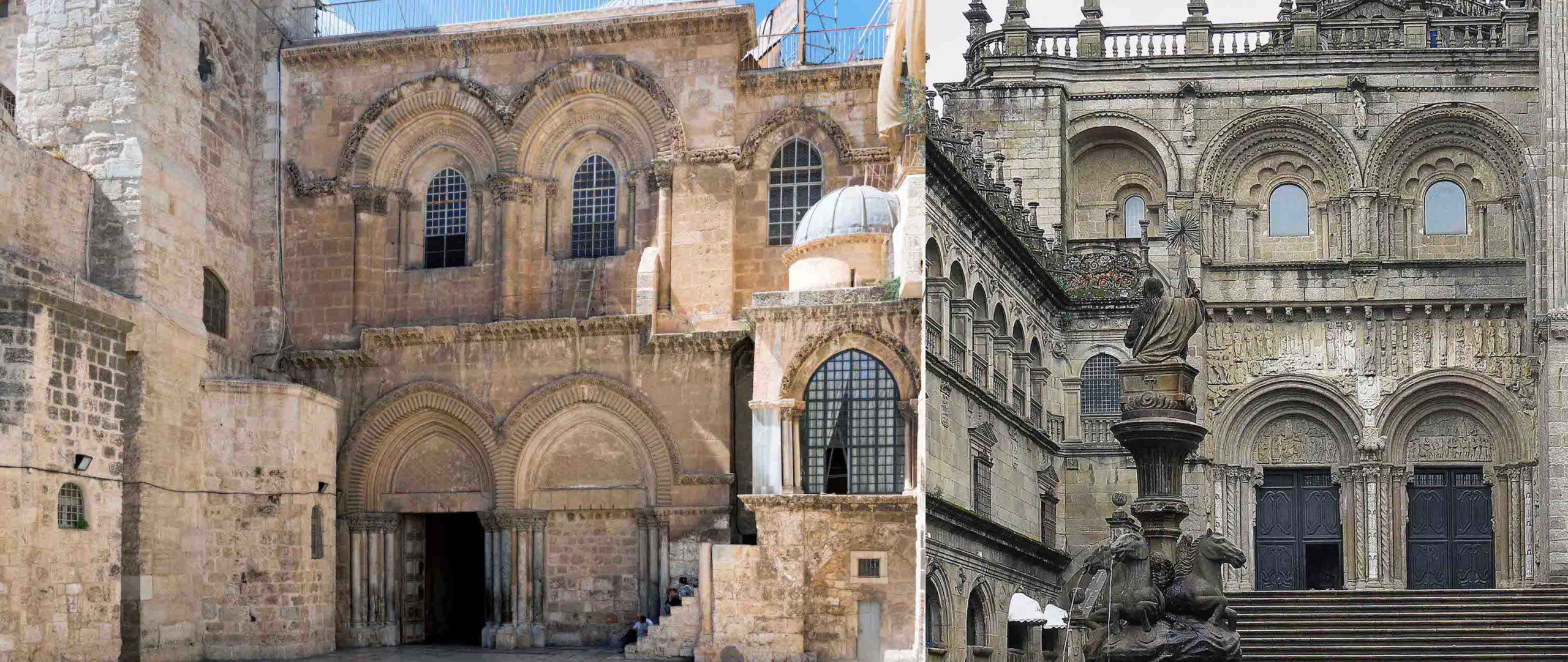 Left: Façade of the Church of the Holy Sepulchre, Jerusalem (photo: xiquinhosilva, CC BY 2.0); right: La Puerta de las Platerías, Santiago de Compostela, 11th–12th century (José Luis Filpo Cabana, CC BY 3.0)