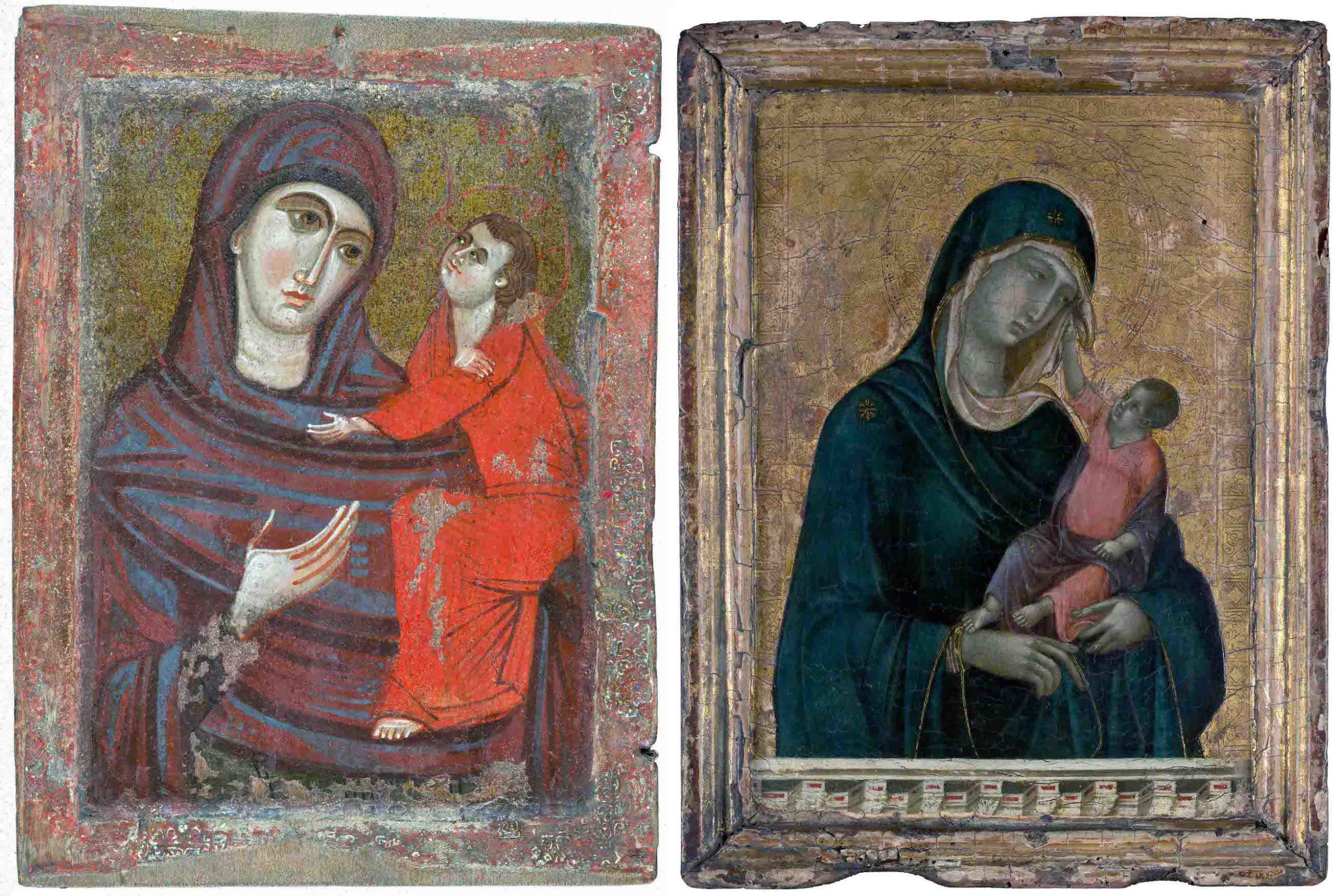 Left: Icon of the Virgin and Child, Hodegetria variant, 13th century, Byzantine or Crusader, made in Egypt, tempera on wood, 25.4 x 18.4 x 1.3 cm (The Metropolitan Museum of Art); right: Duccio di Buoninsegna, Madonna and Child, c. 1290–1300, tempera and gold on wood, 27.9 x 21 cm (The Metropolitan Museum of Art)