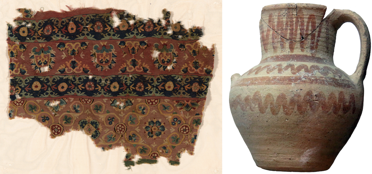Left: fragment of tiraz, 7th–8th century, silk, from a cemetery at Akhmim (Egypt), 21.5 x 15.2 cm (The V&A); right: painted jug, late 7th or 8th century, found at Jerash, Jordan (photo: Beatrice Leal)