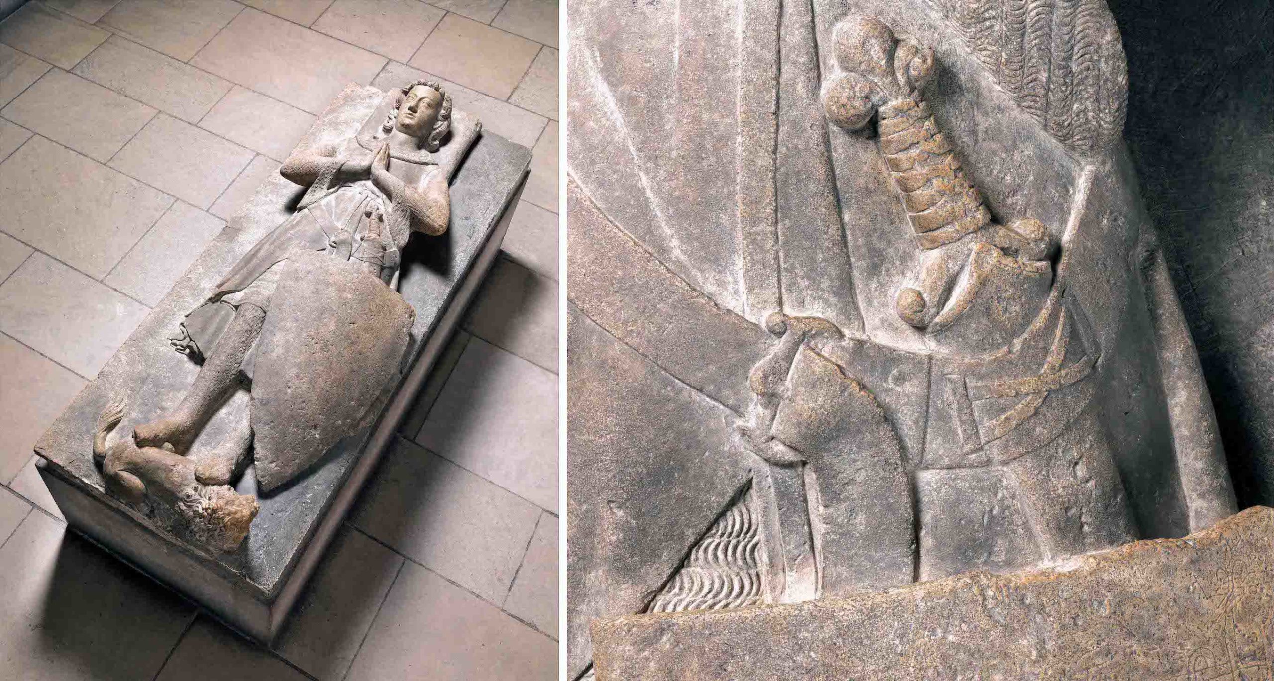 Left: A Knight of the d'Aluye Family, after 1248–by 1267, French, limestone, made in the Loire Valley, France, 33 × 85.1 × 212.1 cm, 543 kg (The Cloisters); right: detail of the sword's hilt